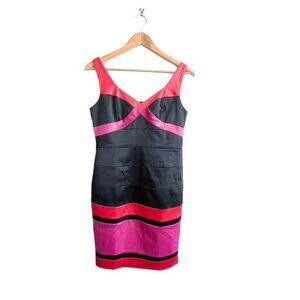Laura Petite Fitted Dress Bodycon Black Red Pink Satin Sleeveless Sheath Size 6